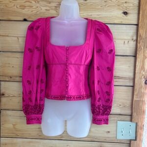 Wilfred Aritzia La Boheme Embroidery Puff Sleeve Blouse Hot Pink XS Peasant Boho